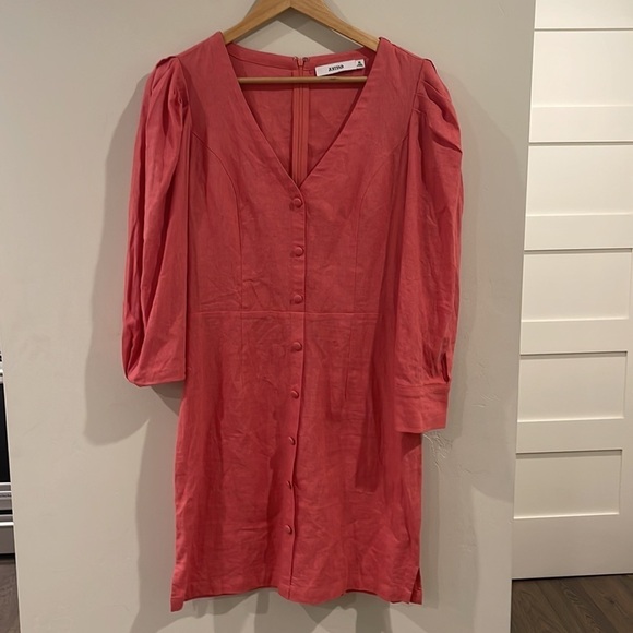 NWT Justfab Dress Women Size Medium Pink Mini Fade Rose Linen Puff Sleeve - Picture 5 of 6